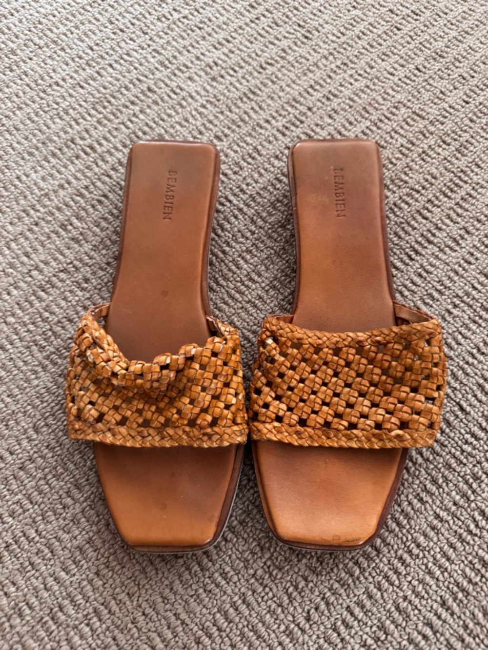 Woven Slide Sandals in Cognac Brown by JEMBIEN